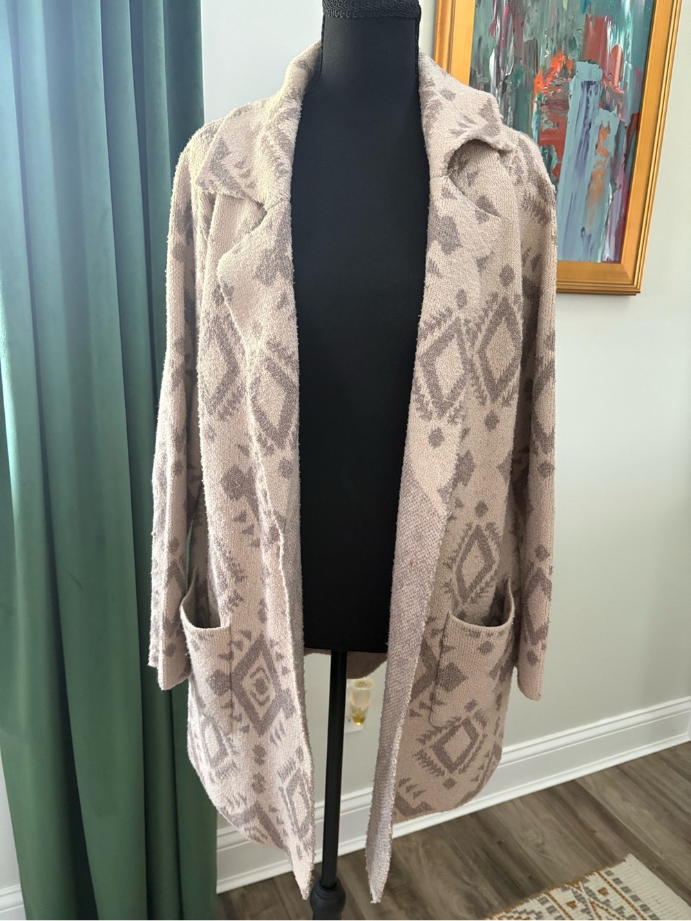 Neutral Aztec Patterned Open-Front Women's Sweater Cardigan